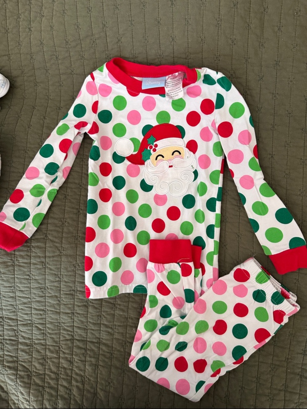 Girls' Pink Red Green Polka Dot Santa Pajama Set